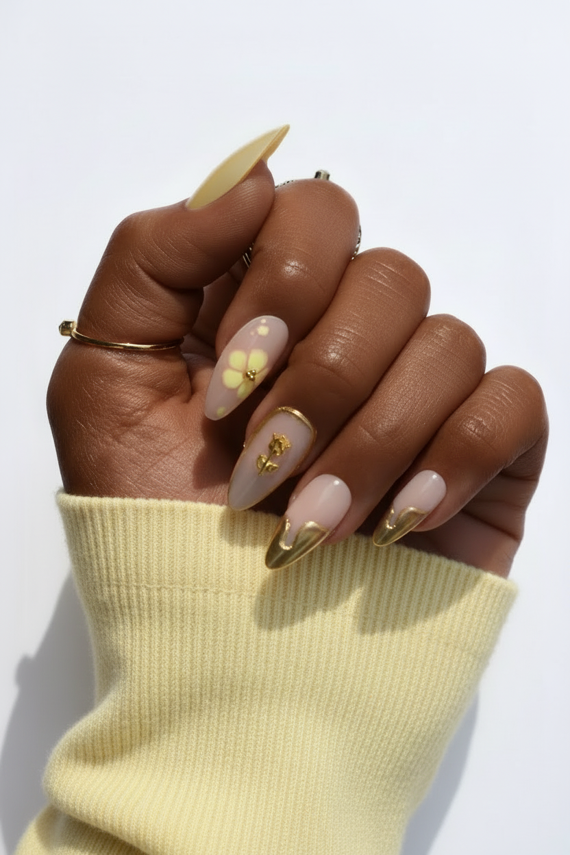 Hand with pale yellow sleeve